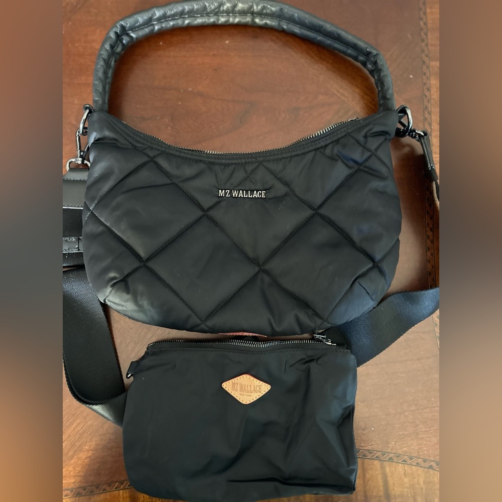 MZ Wallace Black Bowery Quilted Shoulder/ detachable Crossbody Bag w/ Pouch EUC
